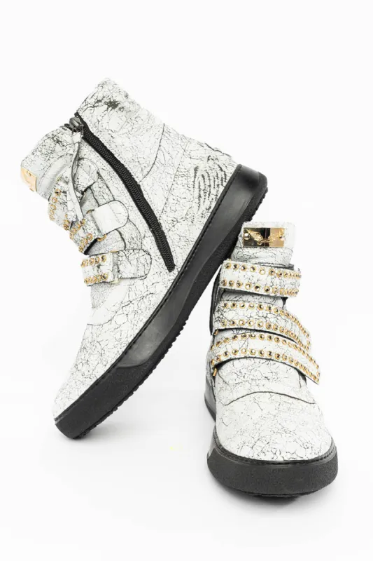 MENS HIGH TOP VELCRO  SHOES IN CRACKLED WHITE LEATHER WITH CRYSTAL EMBELLISHMENT sold by Robin's Jean