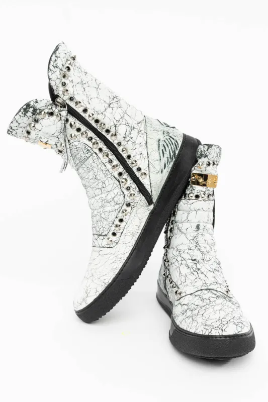 MENS HIGH TOP BIKER SHOES IN CRACKLED WHITE LEATHER WITH  CRYSTALS AND SPIKE EMBELLISHMENT sold by Robin's Jean