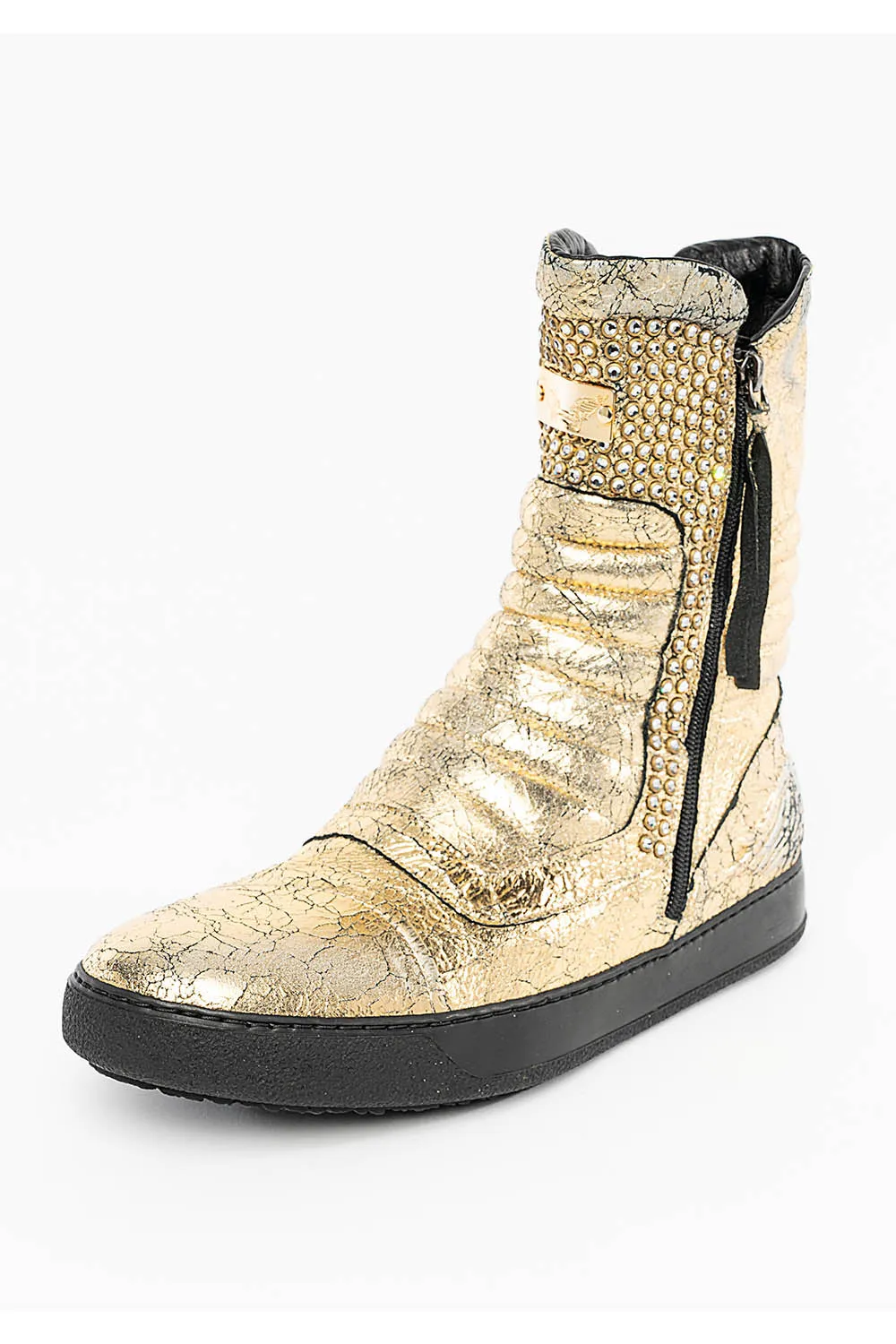 MENS HIGH TOP BIKER SHOES IN CRACKLED GOLD LEATHER WITH CRYSTAL EMBELLISHMENT DEFINITION sold by Robin's Jean product image thumbnail 3