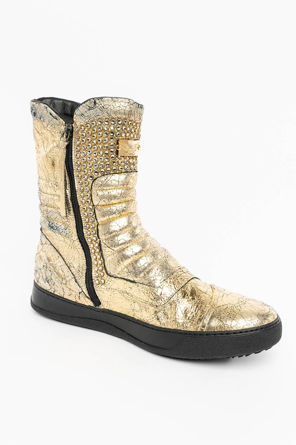 MENS HIGH TOP BIKER SHOES IN CRACKLED GOLD LEATHER WITH CRYSTAL EMBELLISHMENT DEFINITION sold by Robin's Jean product image thumbnail 5