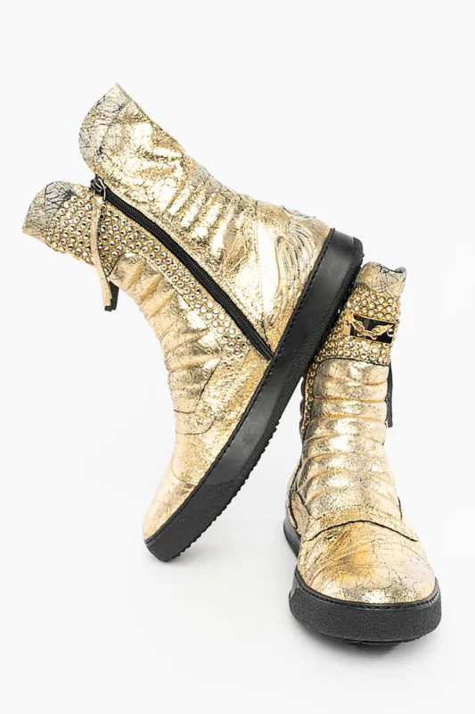 MENS HIGH TOP BIKER SHOES IN CRACKLED GOLD  LEATHER WITH CRYSTAL EMBELLISHMENT DEFINITION sold by Robin's Jean