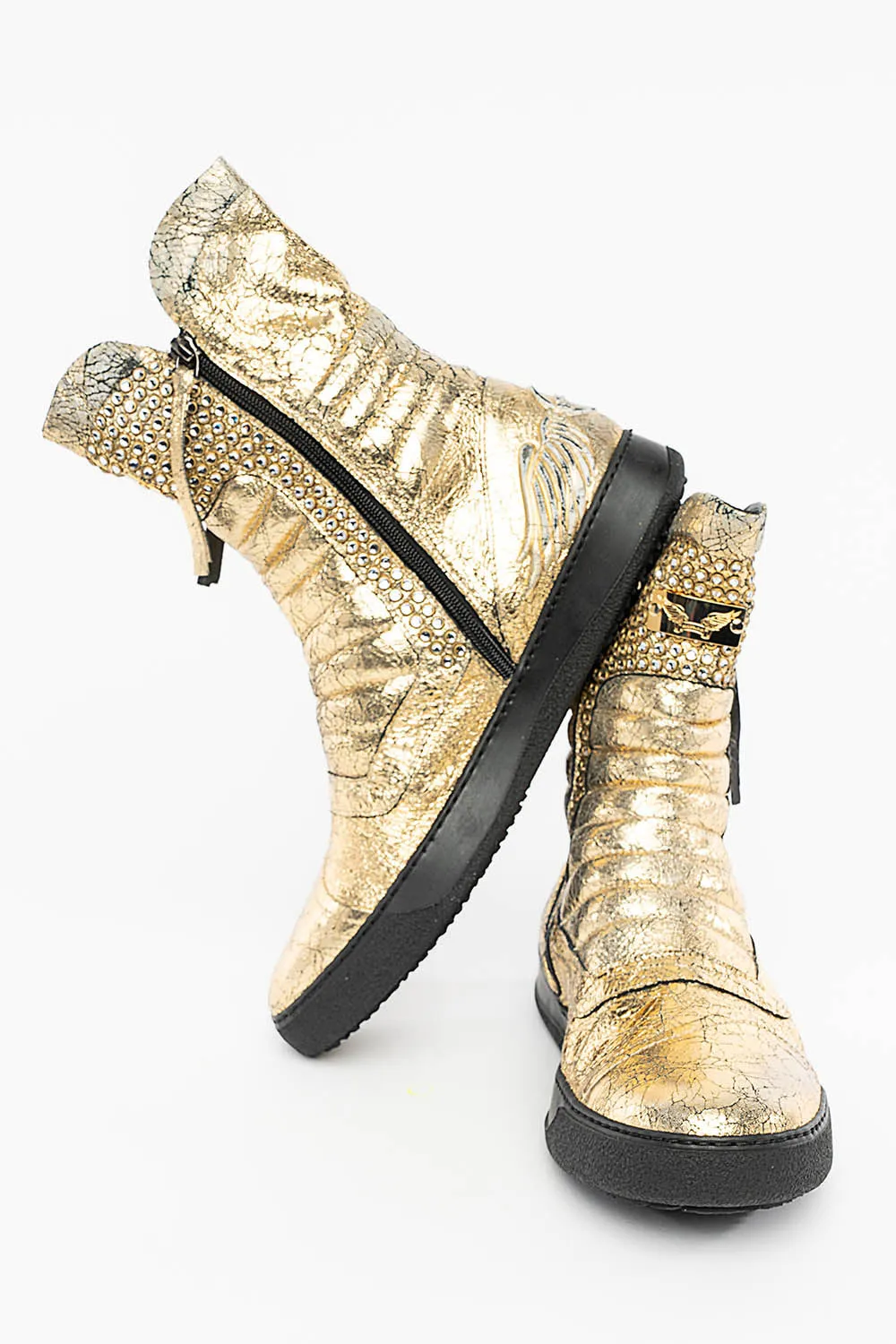 MENS HIGH TOP BIKER SHOES IN CRACKLED GOLD LEATHER WITH CRYSTAL EMBELLISHMENT DEFINITION sold by Robin's Jean
