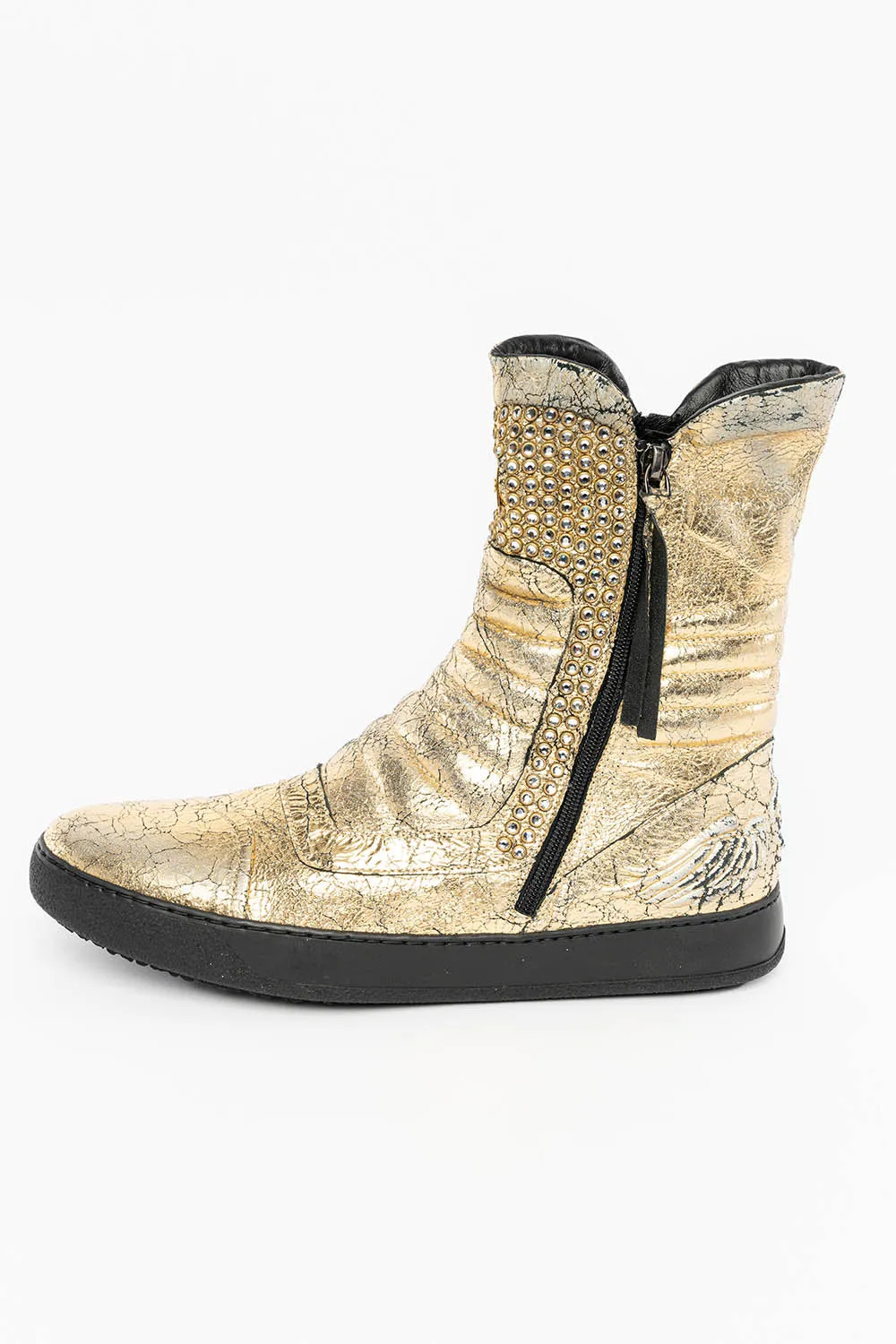 MENS HIGH TOP BIKER SHOES IN CRACKLED GOLD LEATHER WITH CRYSTAL EMBELLISHMENT DEFINITION sold by Robin's Jean product image thumbnail 2