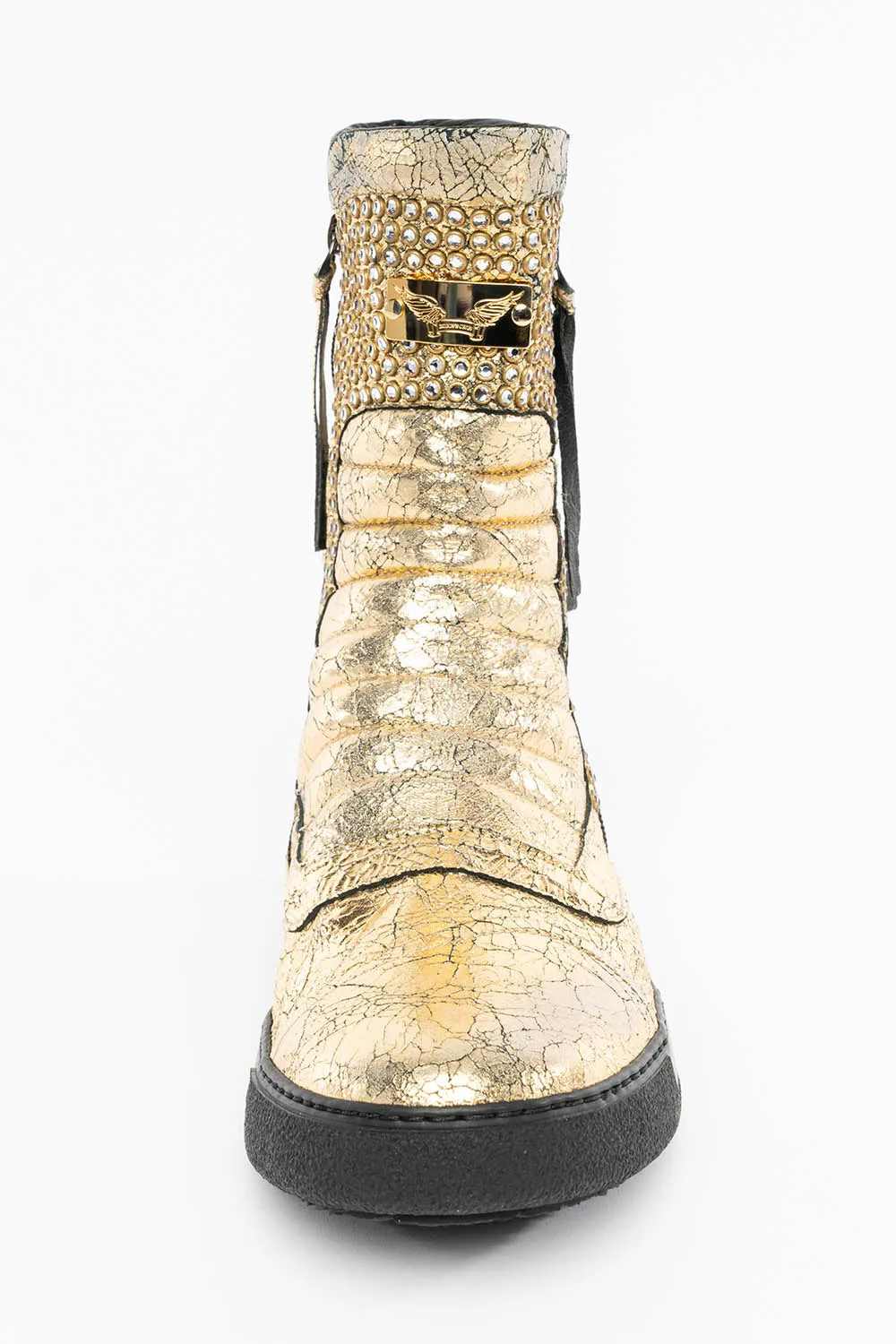 MENS HIGH TOP BIKER SHOES IN CRACKLED GOLD LEATHER WITH CRYSTAL EMBELLISHMENT DEFINITION sold by Robin's Jean product image thumbnail 4