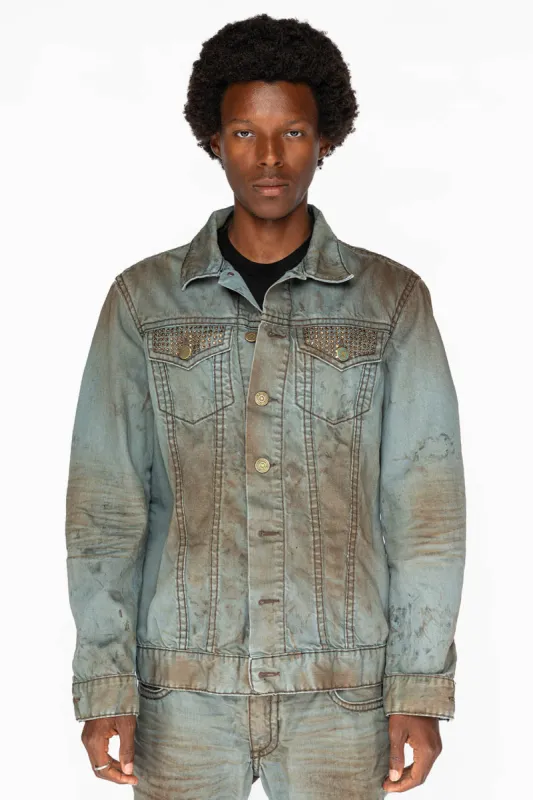 VINTAGE FASHION LIGHT BLUE JEAN JKT WITH BROWN CONTRAST STICH WITH CRYSTALS sold by Robin's Jean