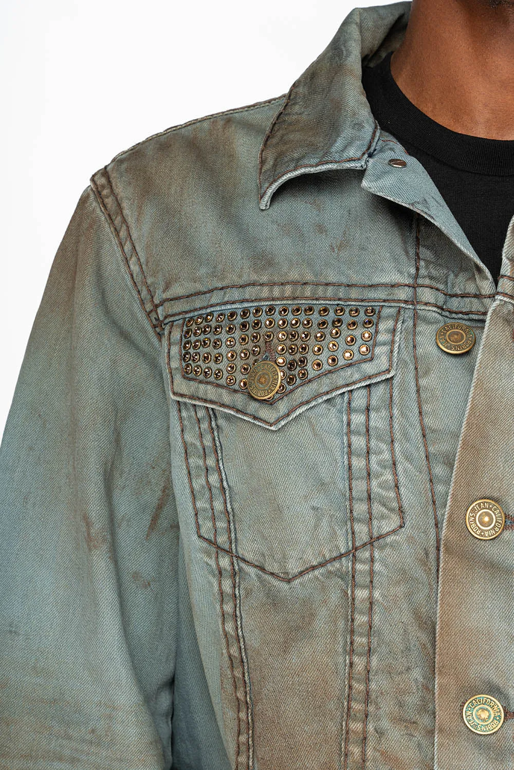 VINTAGE FASHION LIGHT BLUE JEAN JKT WITH BROWN CONTRAST STICH WITH CRYSTALS sold by Robin's Jean product image thumbnail 3
