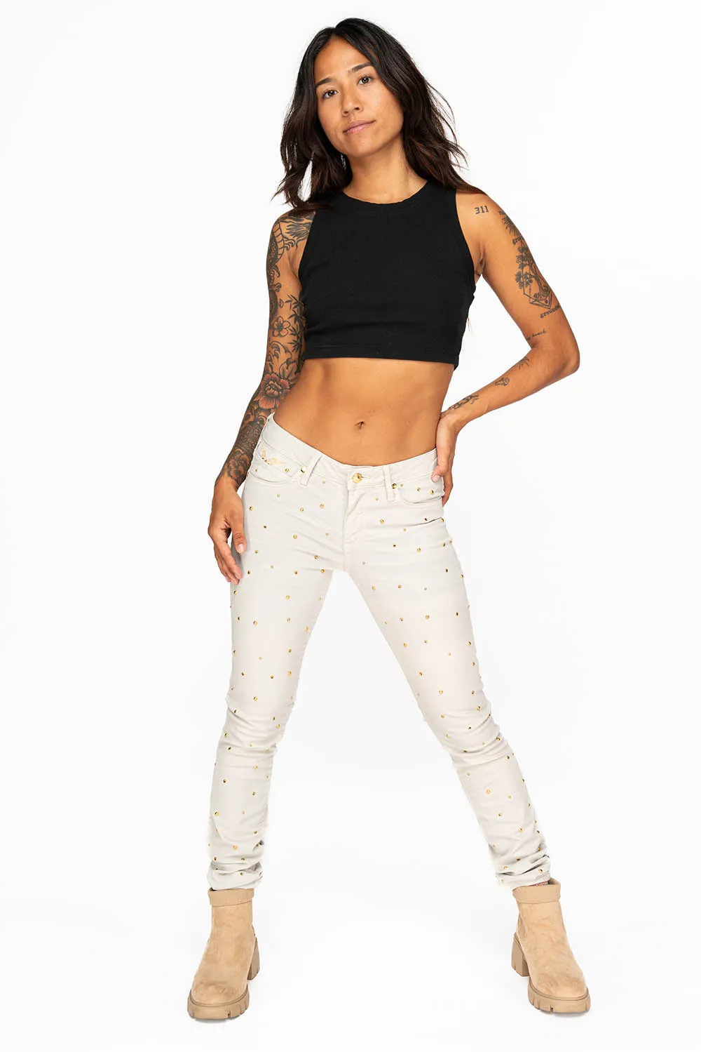 MID RISE WOMENS SKINNY JEANS IN BAKER STONE WASH WITH CRYSTALS sold by Robin's Jean