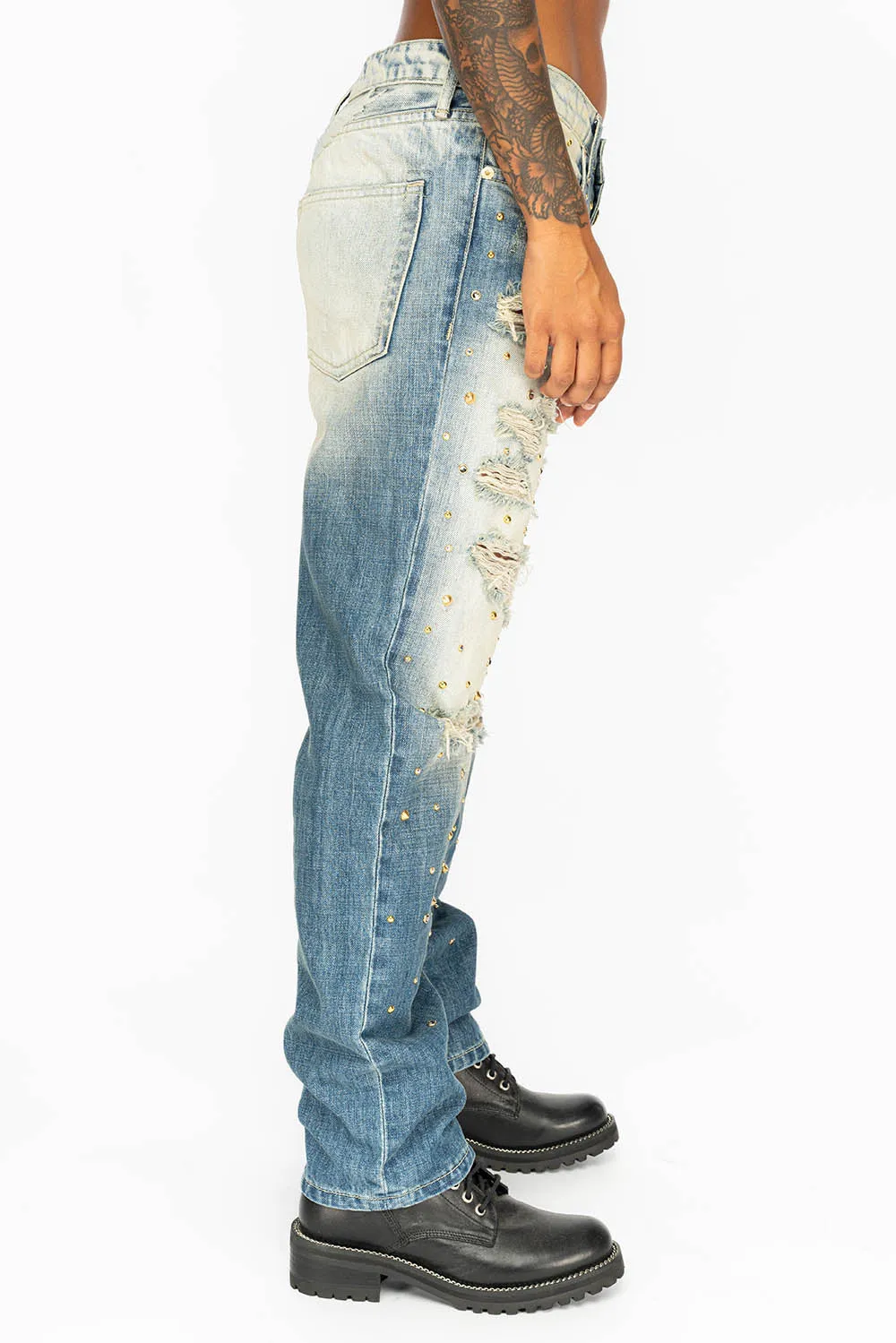 BOYFRIEND JEANS IN BLUE ELROY WASH BROKEN,DISTRESSED WITH GOLD NAILHEADS, GOLD STUDS AND & CRYSTALS sold by Robin's Jean product image thumbnail 4