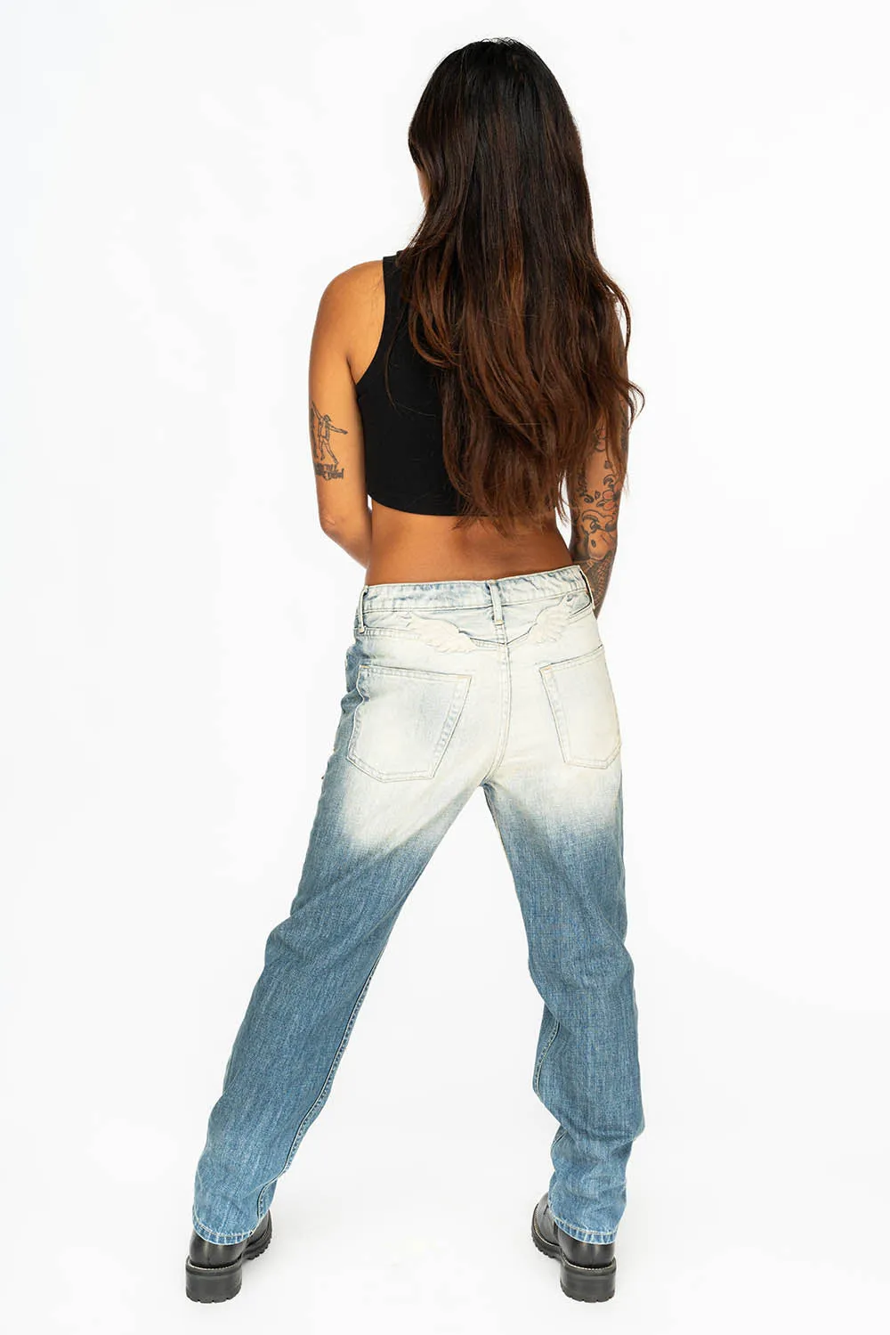 BOYFRIEND JEANS IN BLUE ELROY WASH BROKEN,DISTRESSED WITH GOLD NAILHEADS, GOLD STUDS AND & CRYSTALS sold by Robin's Jean product image thumbnail 5