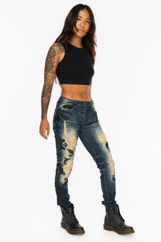 MID RISE WOMENS JEANS IN 5D DARK BROKEN  BLUE WASH WITH BLACK  EMBROIDERY sold by Robin's Jean