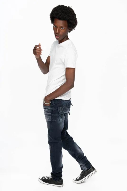 KILLER FLAP MENS SKINNY JEANS IN ANTIQUE PURPLE  WITH TONAL WINGS AND FULL CRYSTAL sold by Robin's Jean