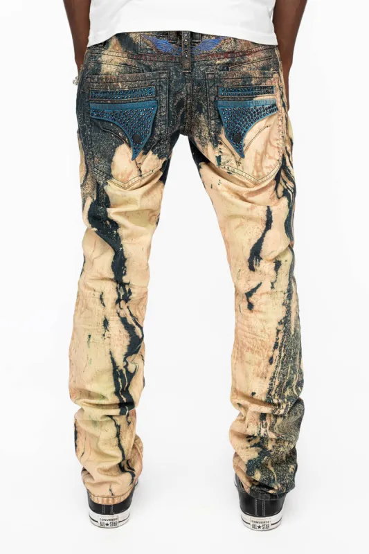 MENS  FLAP POCKET SKINNY JEANS IN GRAFFITI WASH WITH CRYSTALS sold by Robin's Jean