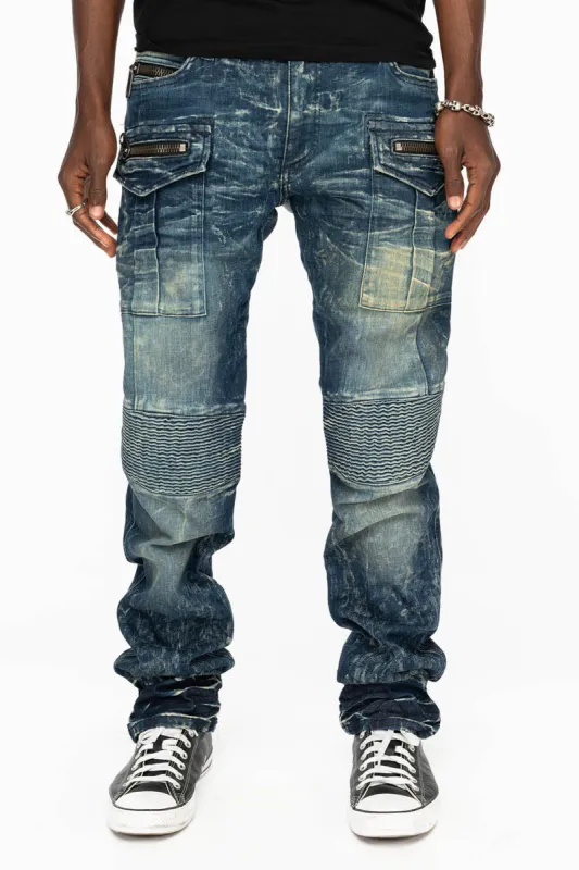 TINTIN DOUBLE CARGO POCKET BIKER JEANS WITH FLAP BACK POCKET IN DARK BLUE WASH sold by Robin's Jean