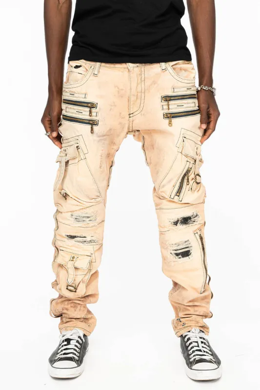 RAPTOR MILITARY STYLE CARGO JEANS IN LIGHT BROWN DESTROY WASH WITH BACKING sold by Robin's Jean