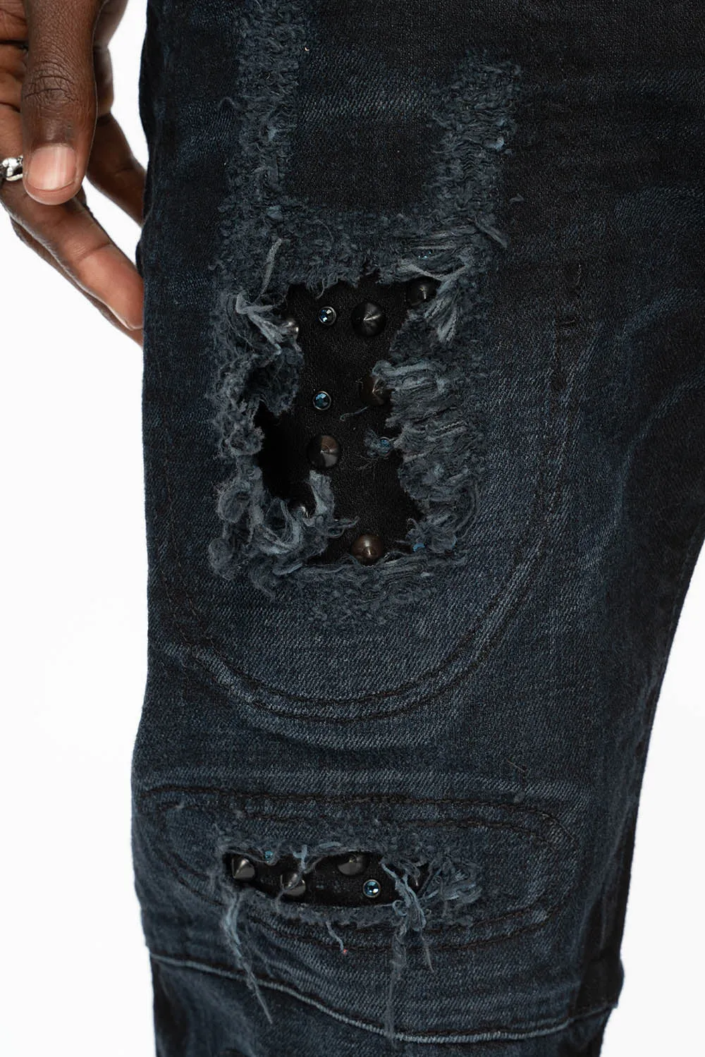 SLIM JEANS WITH OVAL PATCHES WITH STUDS AND CRYSTALS IN F_ED UP BLACK sold by Robin's Jean product image thumbnail 3