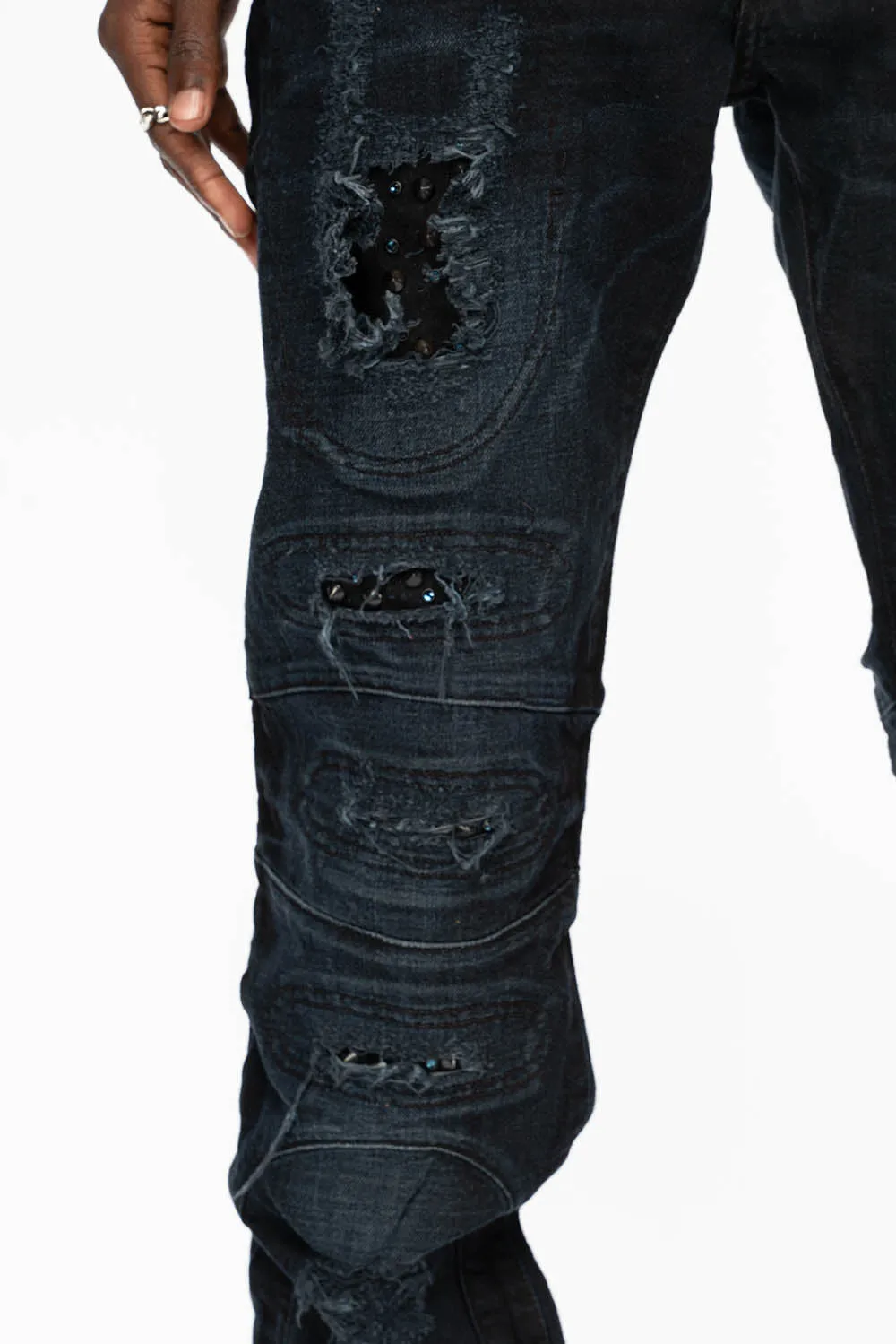 SLIM JEANS WITH OVAL PATCHES WITH STUDS AND CRYSTALS IN F_ED UP BLACK sold by Robin's Jean product image thumbnail 2