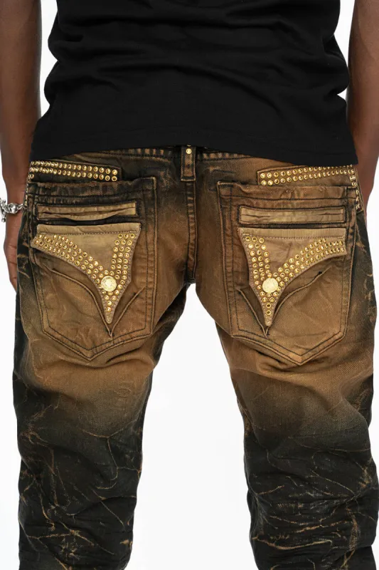MENS LONG FLAP POCKET SKINNY JEANS IN INTENSE BROWN WASH WITH CRYSTALS sold by Robin's Jean