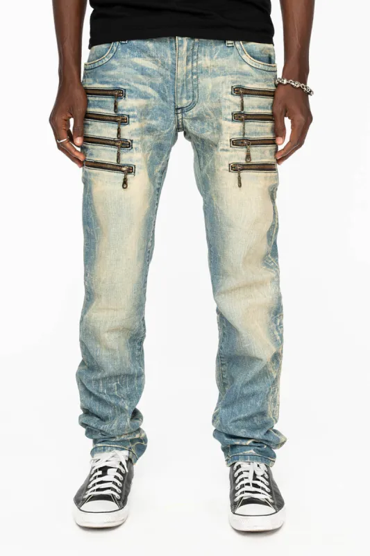 MENS MOTORCYCLE ZIPPERS SLIM JEANS IN LIGHT BLUE WASH sold by Robin's Jean