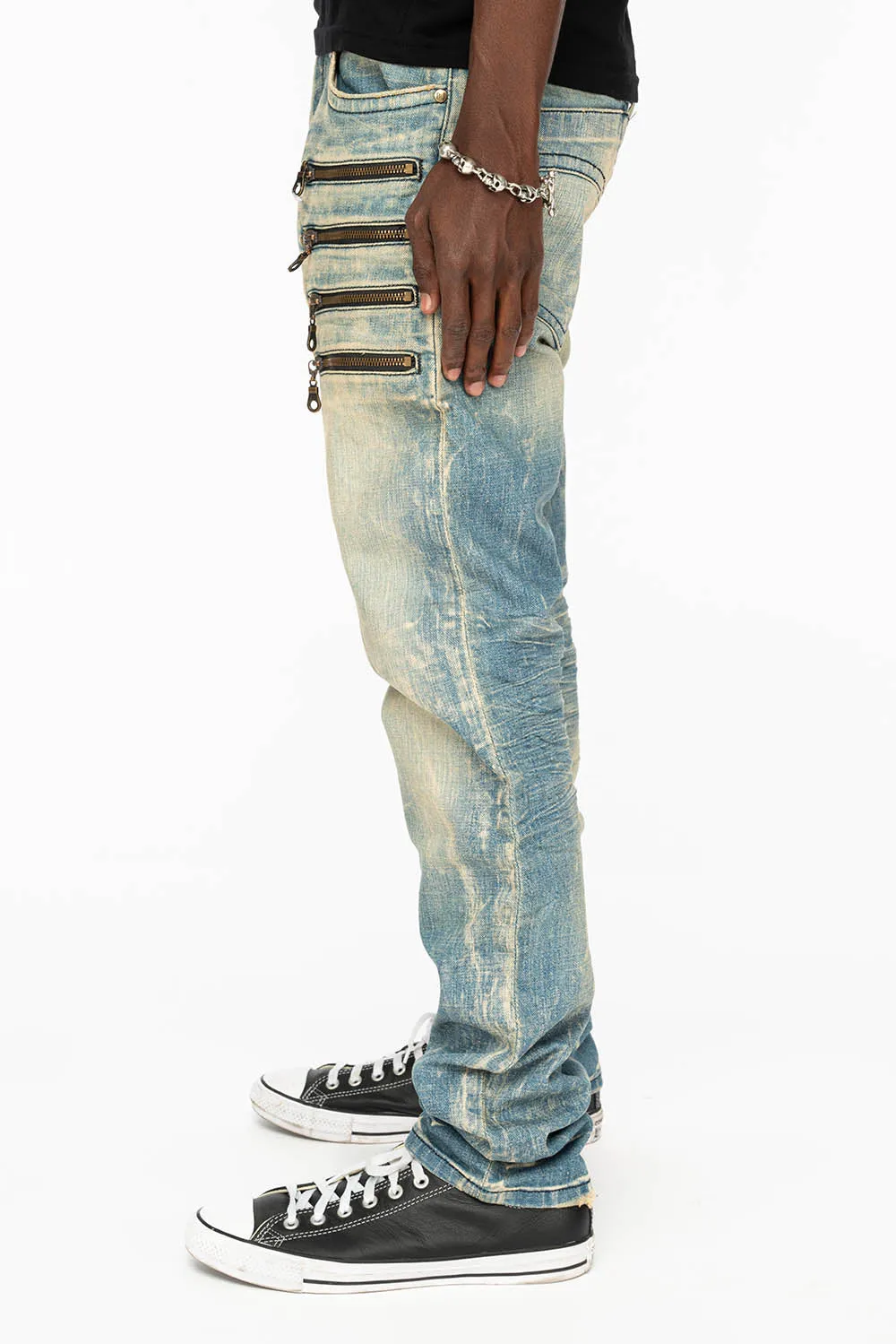 MENS MOTORCYCLE ZIPPERS SLIM JEANS IN LIGHT BLUE WASH sold by Robin's Jean product image thumbnail 2