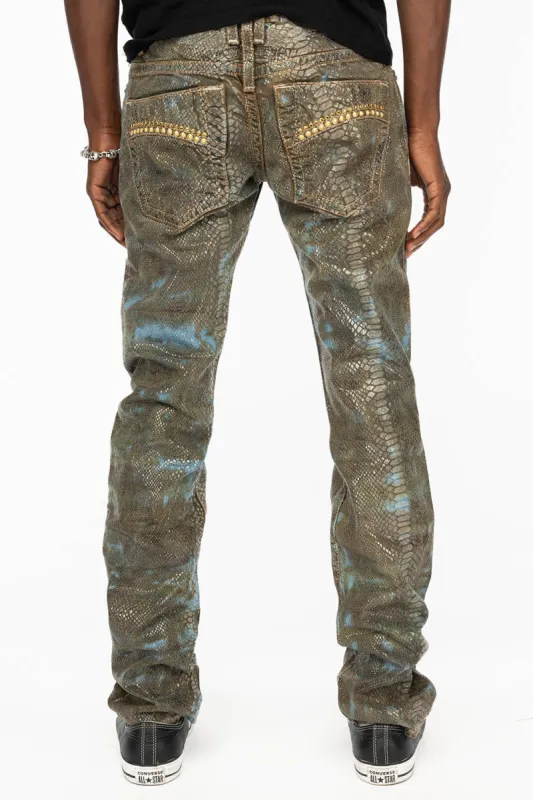 MENS CLASSIC 5 POCKET STRAIGHT LEG JEANS IN REPTILE WASH WITH STUDS AND CRYSTALS sold by Robin's Jean