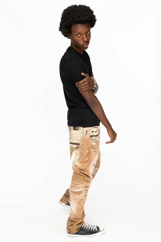MINI FLAP MENS SLIM JEANS IN AMARETO DESTROY BACKING WITH CRYSTALS sold by Robin's Jean