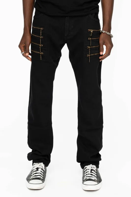 MENS MOTORCYCLE ZIPPERS SLIM JEANS IN OVERDYE BLACK WASH sold by Robin's Jean