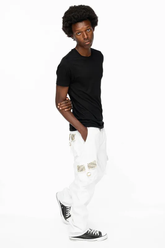 ROBINS NEW MILITARY STYLE CARGO PANTS IN WHITE WITH BLK DIAMOND AND AURUM CRYSTALS sold by Robin's Jean