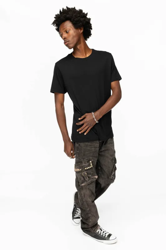 ROBINS NEW MILITARY STYLE CARGO PANTS IN VINTAGE CHARCOAL COLOR WASH WITH RED AB CRYSTALS sold by Robin's Jean