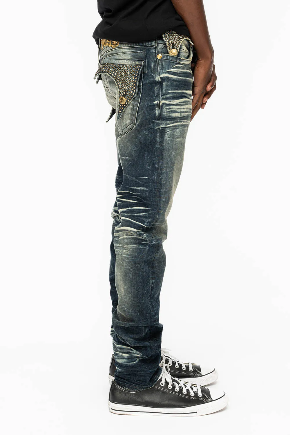 KILLER FLAP MENS SKINNY JEANS IN 4D DARK BLUE WASH WITH GOLD WINGS AND FULL AUROM CRYSTAL sold by Robin's Jean product image thumbnail 5