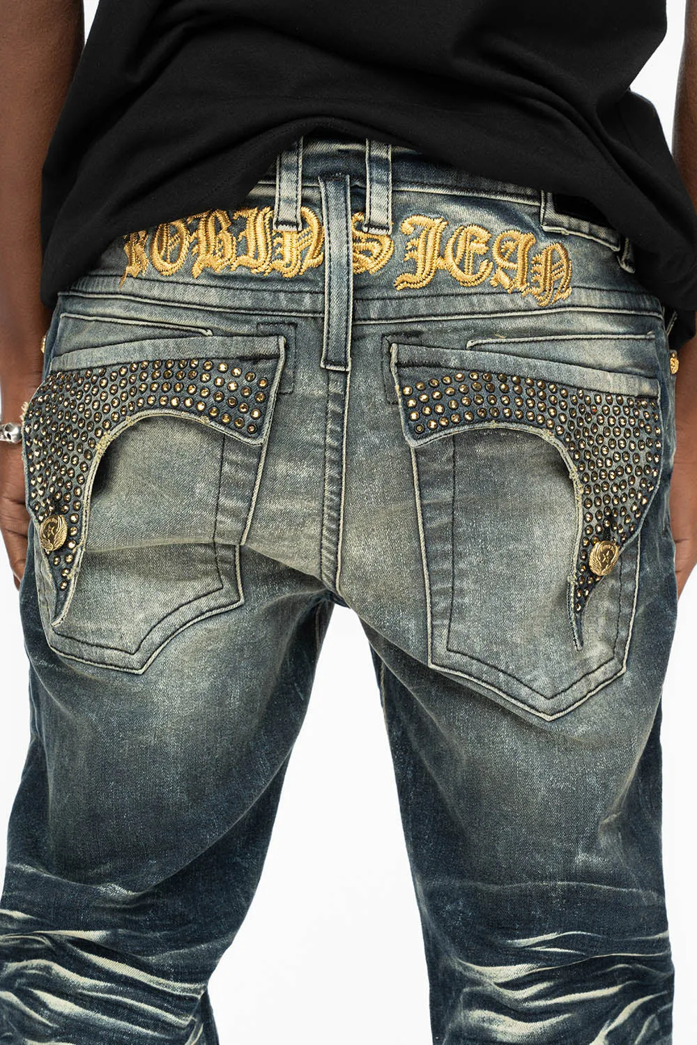 KILLER FLAP MENS SKINNY JEANS IN 4D DARK BLUE WASH WITH GOLD WINGS AND FULL AUROM CRYSTAL sold by Robin's Jean product image thumbnail 2