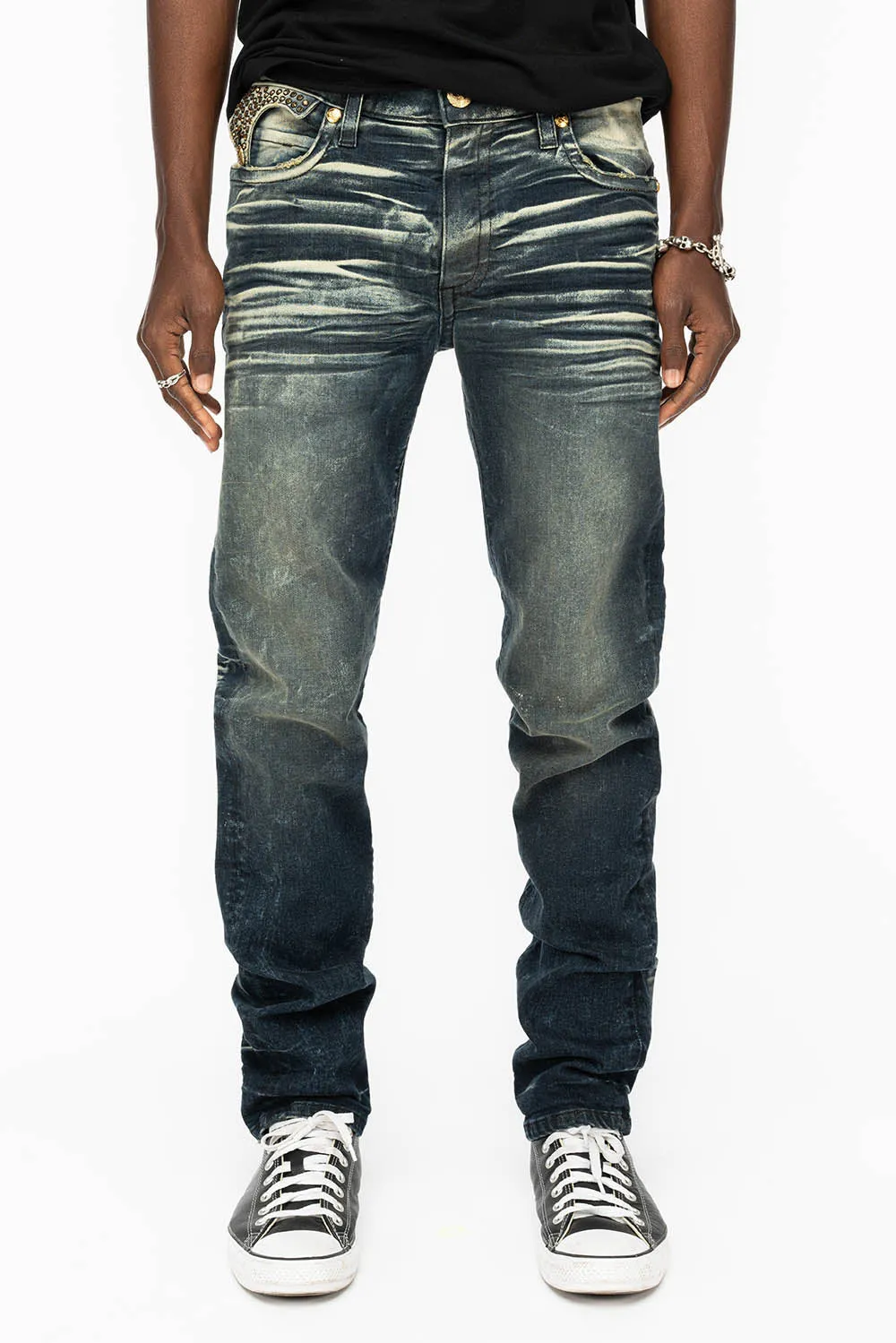 KILLER FLAP MENS SKINNY JEANS IN 4D DARK BLUE WASH WITH GOLD WINGS AND FULL AUROM CRYSTAL sold by Robin's Jean product image thumbnail 4