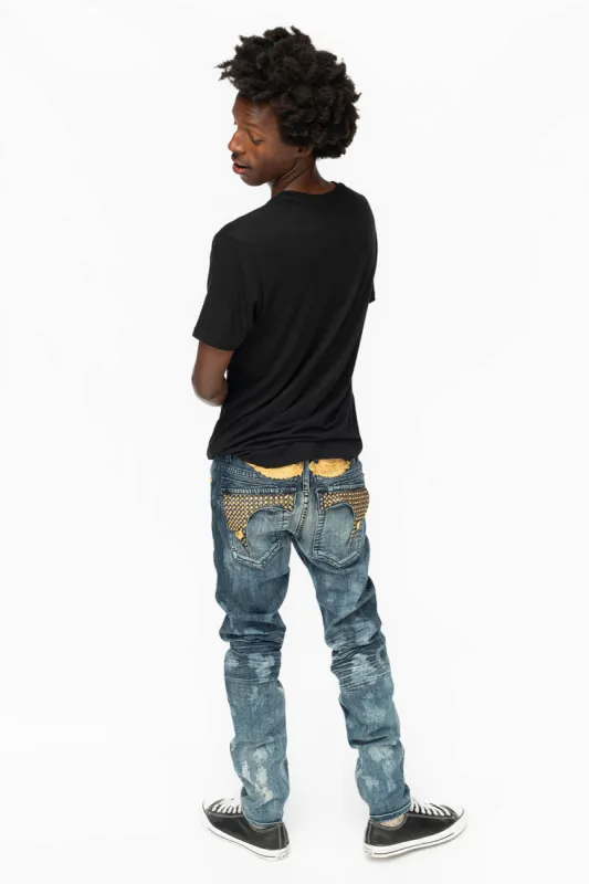 KILLER FLAP MENS SKINNY JEANS IN NEW JAPAN MEDIUM WASH WITH ANTIQUE BRASS PYRAMID STUDS AND AURUM CRYSTALS sold by Robin's Jean