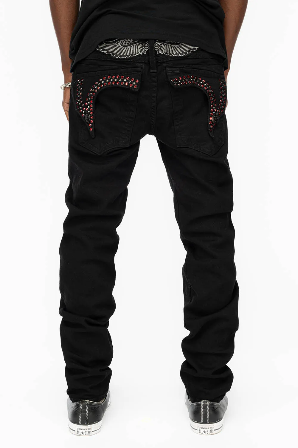KILLER FLAP MENS SKINNY JEANS IN BLACK COLOR WASH WITH RED AND JET BLACK CRYSTALS sold by Robin's Jean product image thumbnail 3