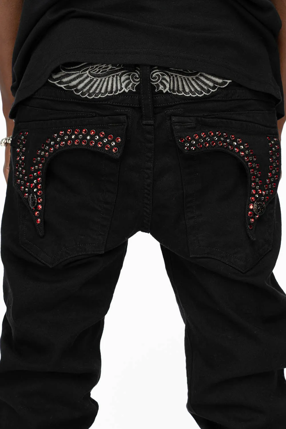 KILLER FLAP MENS SKINNY JEANS IN BLACK COLOR WASH WITH RED AND JET BLACK CRYSTALS sold by Robin's Jean product image thumbnail 2