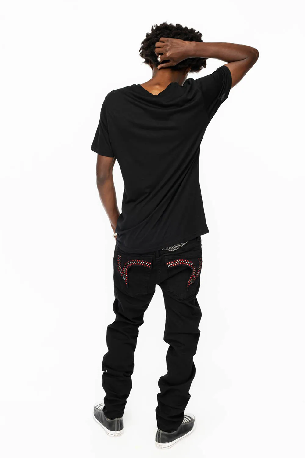 KILLER FLAP MENS SKINNY JEANS IN BLACK COLOR WASH WITH RED AND JET BLACK CRYSTALS sold by Robin's Jean