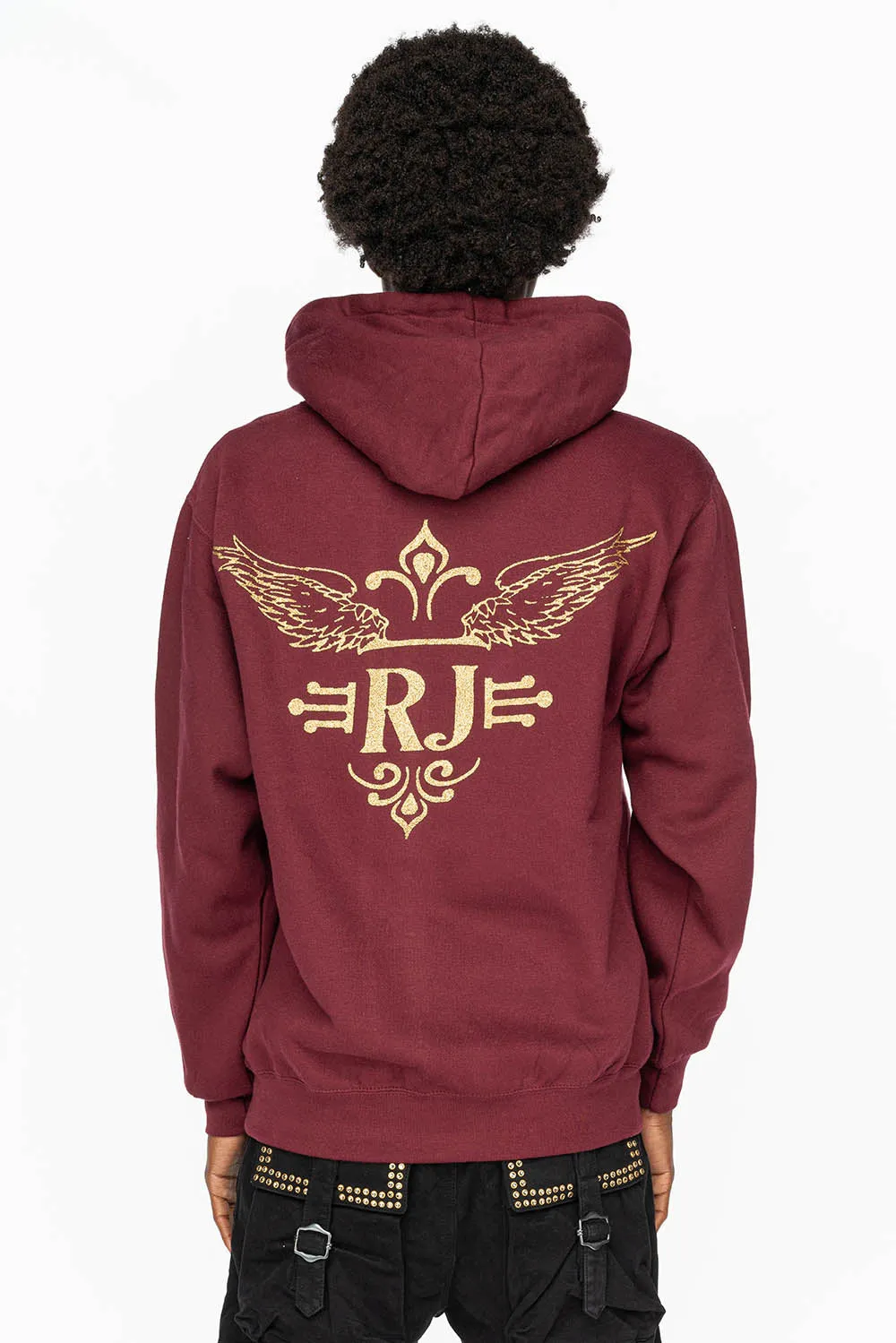 PULLOVER HOODIE IN BURGUNDY WITH GOLD GLITTER FLEUR sold by Robin's Jean