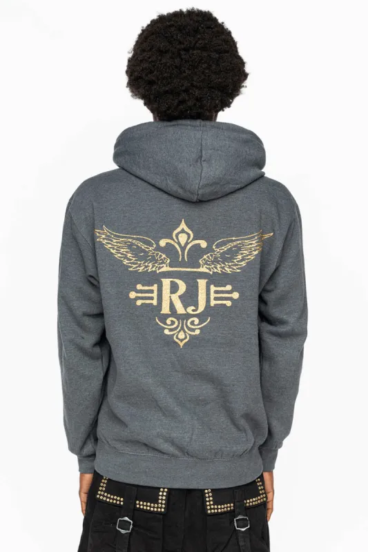 PULLOVER HOODIE IN DARK HEATHER WITH GOLD GLITTER FLEUR sold by Robin's Jean