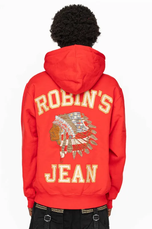 ROBIN’S HEAVY WEIGHT NATIVE AMERICAN CHIEF PULLOVER HOODIE IN RED sold by Robin's Jean