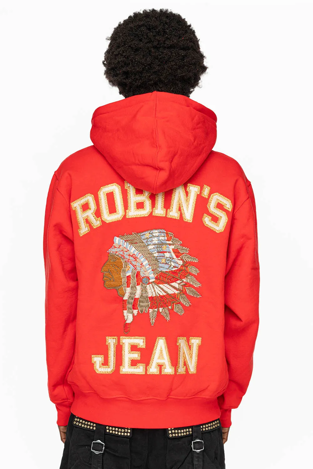 ROBIN’S HEAVY WEIGHT NATIVE AMERICAN CHIEF PULLOVER HOODIE IN RED sold by Robin's Jean