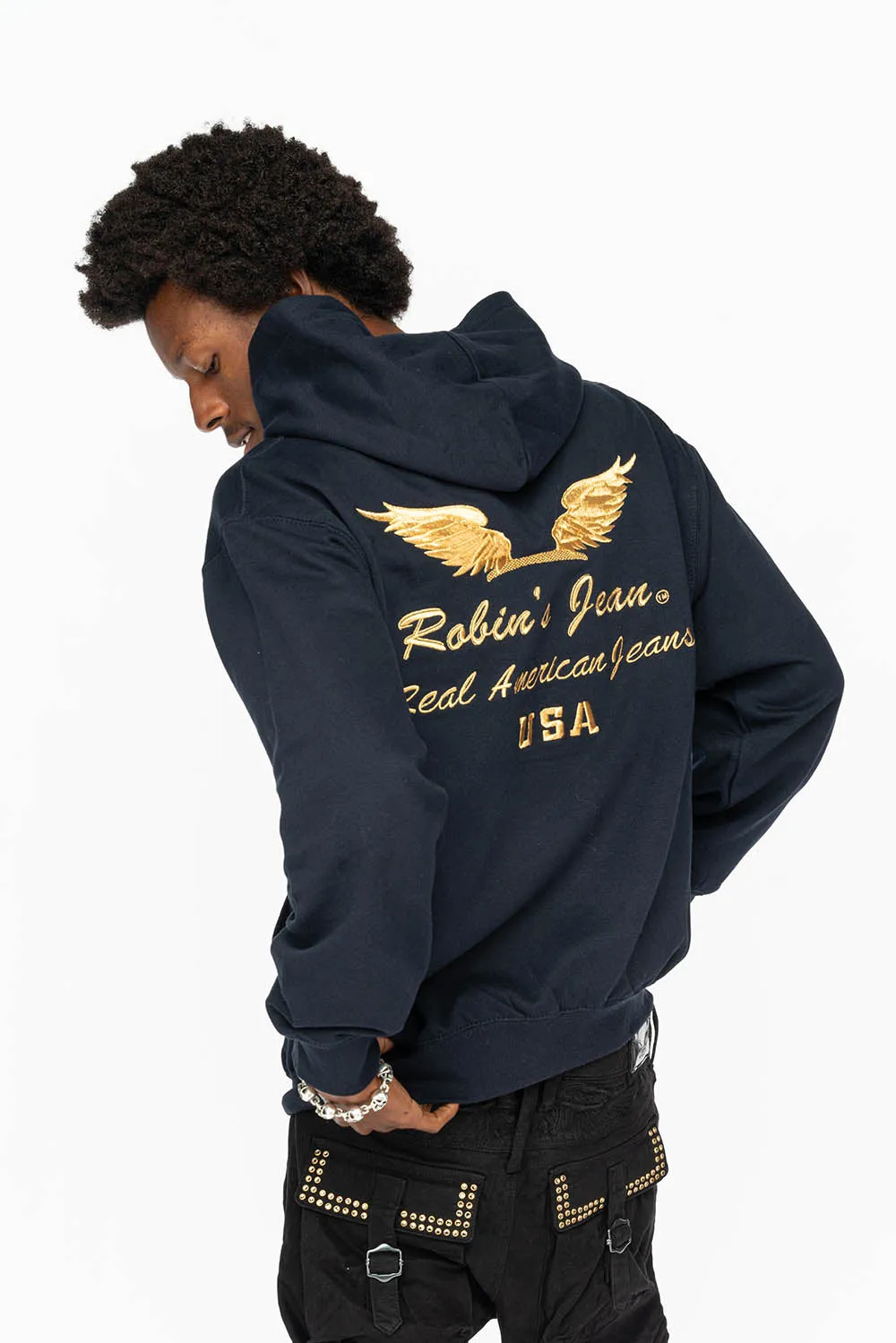 PULLOVER HOODIE IN NAVY WITH GOLD WINGS EMBROIDERY sold by Robin's Jean