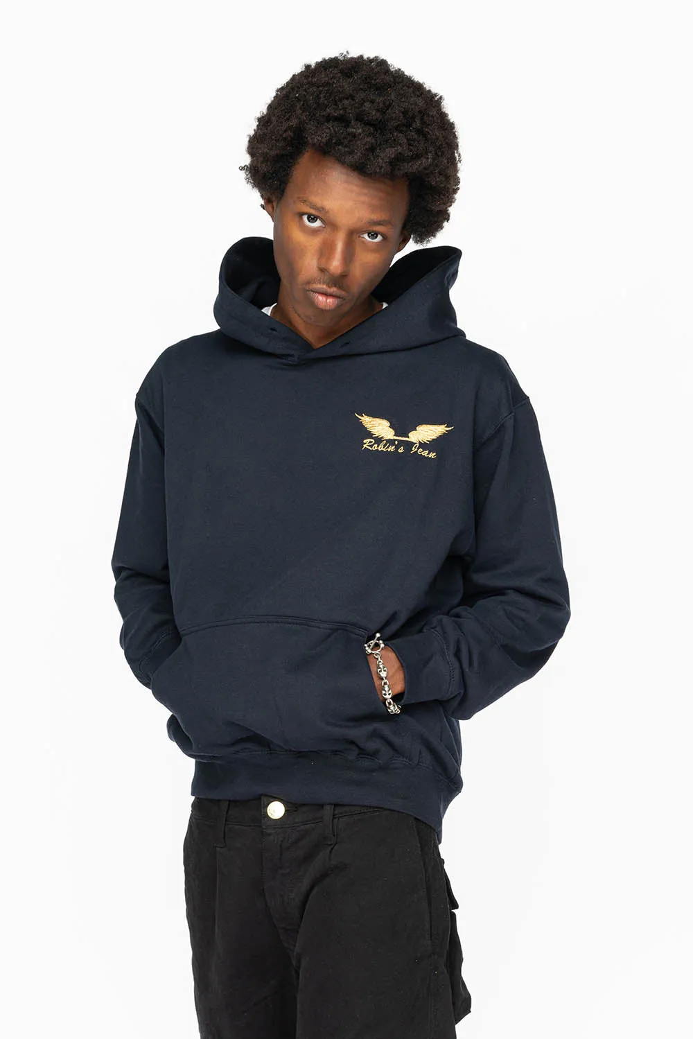 PULLOVER HOODIE IN NAVY WITH GOLD WINGS EMBROIDERY sold by Robin's Jean product image thumbnail 3