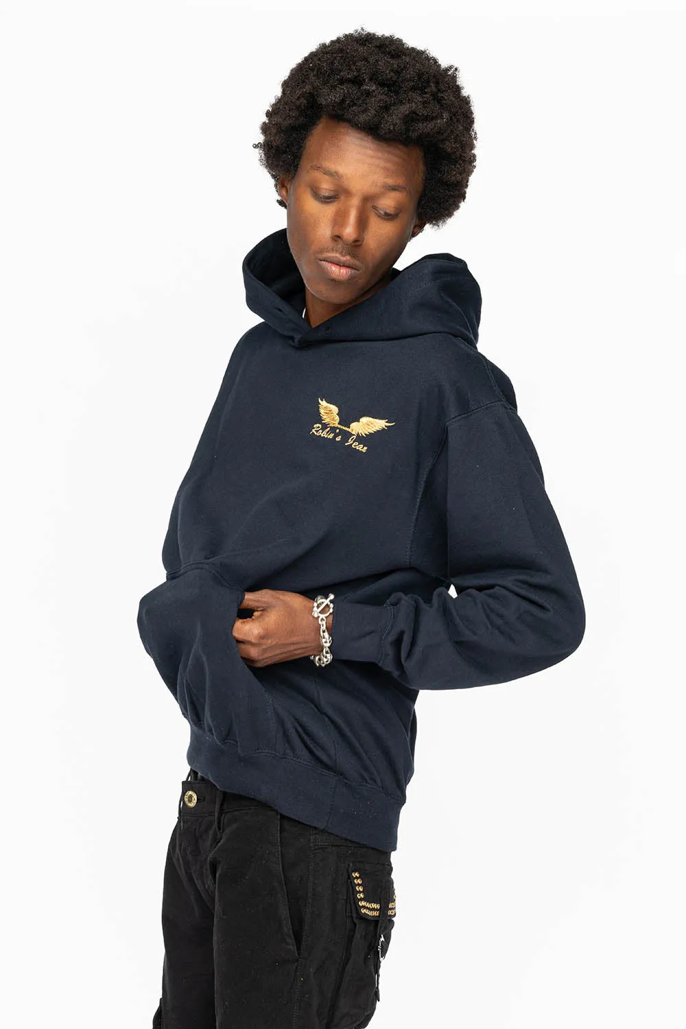 PULLOVER HOODIE IN NAVY WITH GOLD WINGS EMBROIDERY sold by Robin's Jean product image thumbnail 4