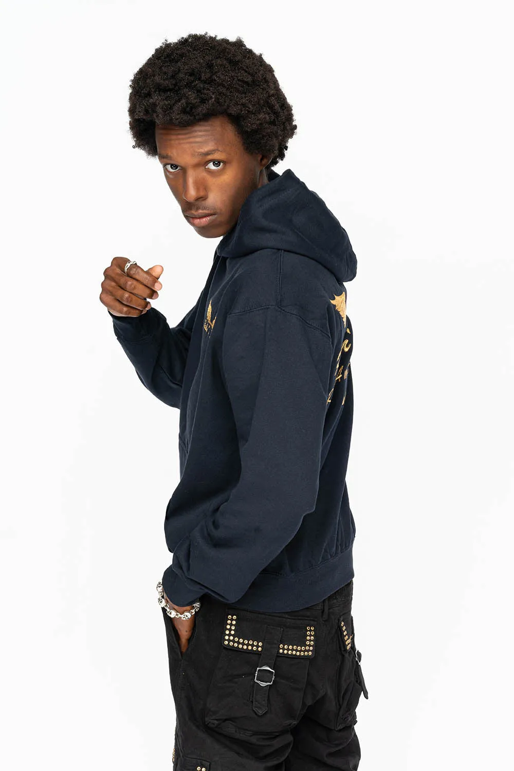 PULLOVER HOODIE IN NAVY WITH GOLD WINGS EMBROIDERY sold by Robin's Jean product image thumbnail 5