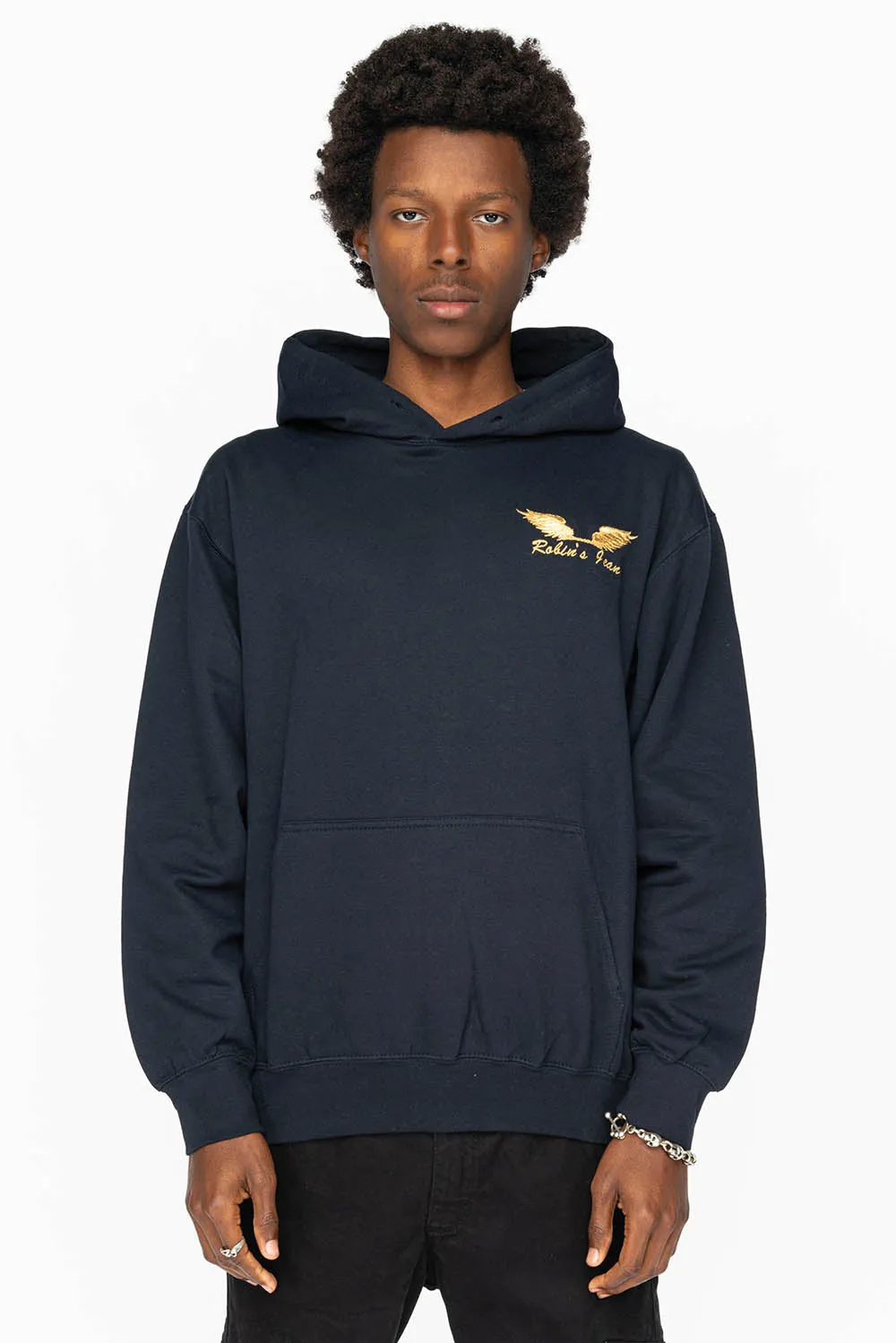 PULLOVER HOODIE IN NAVY WITH GOLD WINGS EMBROIDERY sold by Robin's Jean product image thumbnail 2