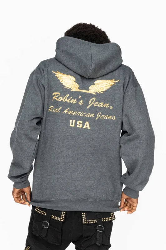 PULLOVER HOODIE IN DARK HEATHER  WITH GOLD WINGS EMBROIDERY sold by Robin's Jean