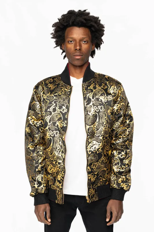 ROBIN’S REVERSIBLE VARSITY BOMBER JACKET IN BLACK/GOLD sold by Robin's Jean