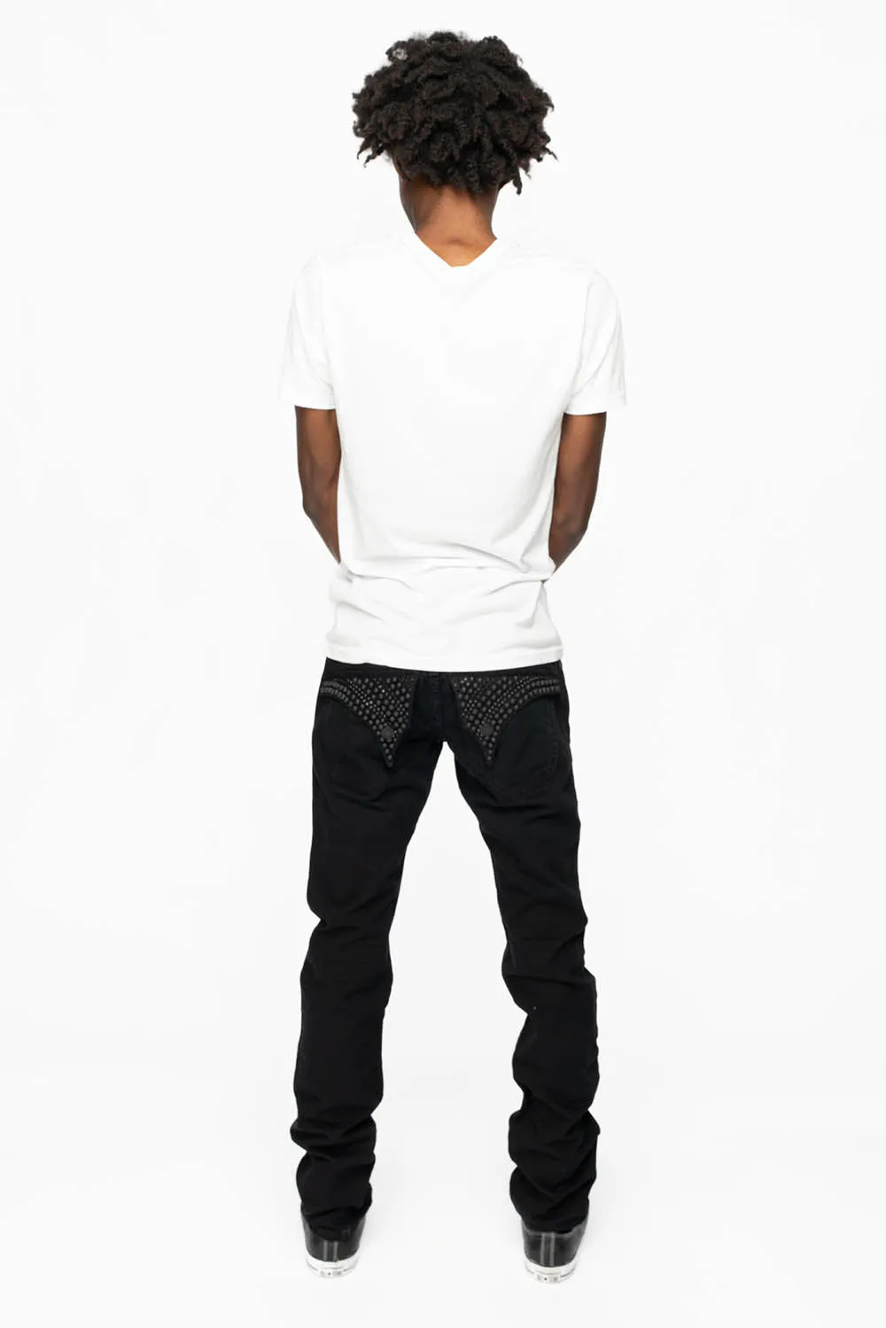 MENS LONG FLAP SLIM JEANS WITH FULL CRYSTALS & STUDS IN PURE BLK WASH sold by Robin's Jean product image thumbnail 5