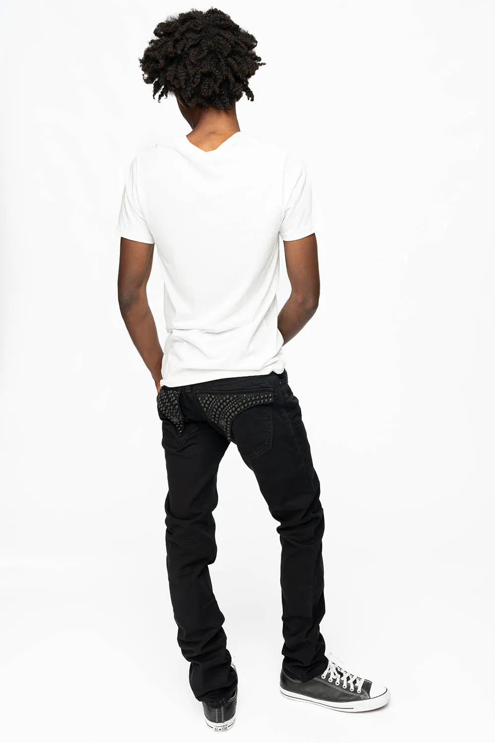 MENS LONG FLAP SLIM JEANS WITH FULL CRYSTALS & STUDS IN PURE BLK WASH sold by Robin's Jean product image thumbnail 2