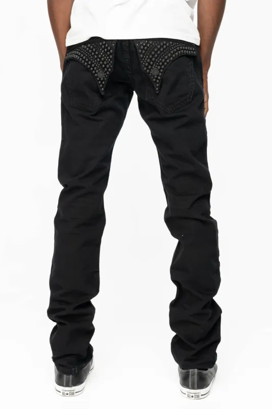 MENS LONG FLAP SLIM JEANS WITH  FULL CRYSTALS & STUDS  IN PURE BLK WASH sold by Robin's Jean