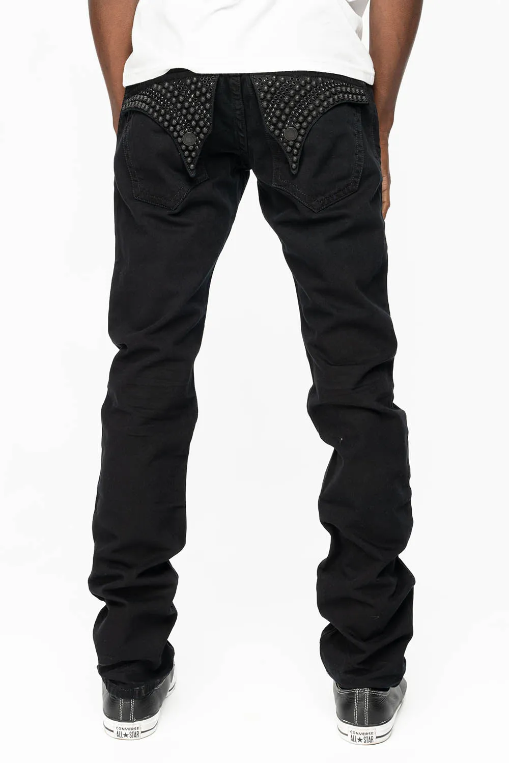 MENS LONG FLAP SLIM JEANS WITH FULL CRYSTALS & STUDS IN PURE BLK WASH sold by Robin's Jean